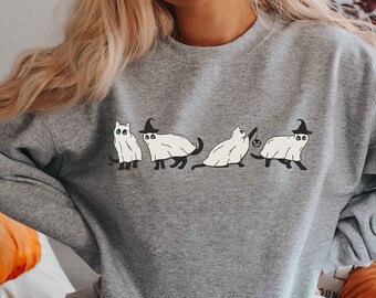 Cat Halloween Sweatshirt, Ghost Halloween Shirt, Ghost Cat Shirt, Fall Sweatshirt for Women
