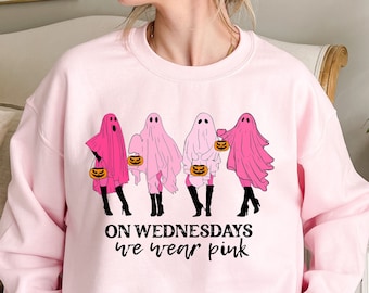On Wednesday We Wear Pink Ghost Sweatshirt, Mean Girls Ghost Shirt, Pink Ghost Shirt, Mean Girls Halloween, Halloween Sweatshirt