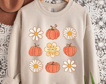 Camisa floral com remendo de abóbora, moletom de outono para mulheres, suéter retrô de Halloween, moletom de ação de graças, vibrações de outono, moletom de abóboras