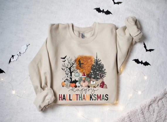 Happy Hallothanksmas Sweatshirt, Halloween Gift For Women ,Christmas Sweatshirt, Cute Halloween Sweater, Colorful Halloween Sweatshirt