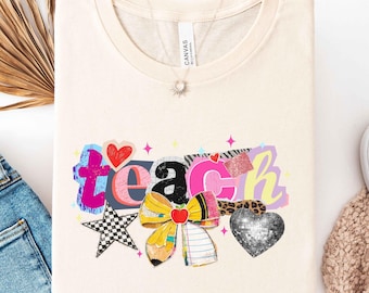 Maglietta per l'apprezzamento degli insegnanti, maglietta carina con scritta "Teach Love Inspire", regalo per il ritorno a scuola, maglietta per la festa degli insegnanti, regalo per insegnanti con fiocco a cuore e civetta