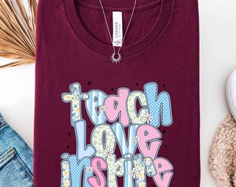 Maglietta retrò con stampa floreale "Teach Love Inspire", regalo boho per insegnanti, maglietta carina per insegnanti, outfit per il ritorno a scuola, maglietta per la festa degli insegnanti