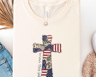 Patchwork Patriotic Cross Shirt, God Bless America Tee,Women's Christian 4th Of July Shirt, Faith Based USA Graphic Tee,Independence Day Top