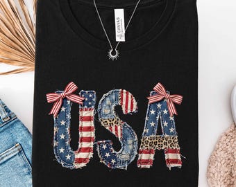 USA American Flag Shirt,Print Only FAUX Patchwork Cute Bow USA 4th Of July Shirt, Independence Day Shirt,250 Years Shirt,Retro Patriotic Tee
