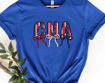 CNA 4th of July Shirt,Patriotic Nurse T-shirt,Coquette Bow Independence Day Sweatshirt,USA Flag Nursing Assistant Shirt For Her,Gift for CNA