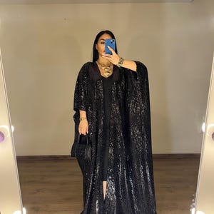 Svart paljettabaya kaftan | Öppen framsida statement festkläder Eid outfit