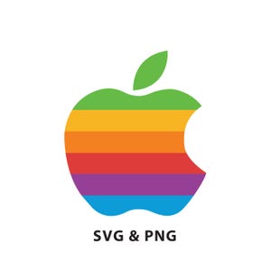 Pode incluir: Um logotipo de maçã com cores do arco-íris e uma folha verde. O logotipo é uma silhueta com uma mordida do lado direito. O texto "SVG & PNG" está abaixo do logotipo.