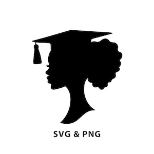 Könnte beinhalten: Schwarze Silhouette einer Person mit einer Abschluss-Kappe. Die Silhouette ist nach rechts gerichtet. Der Text "SVG & PNG" befindet sich unterhalb der Silhouette.