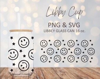 Happy Face - Wrap for 16oz Libbey Glass Cup Can Digital Download SVG PNG Cricut Silhouette Vinyl UV dtf print layered template