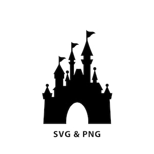 May include: Black silhouette of a castle with multiple turrets, flags, and an arched entrance. The text "SVG & PNG" is below the castle. The image is on a white background.