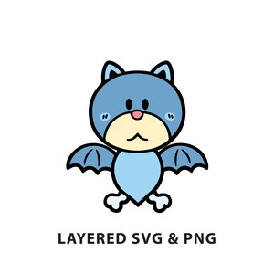 Puede incluir: Una ilustración de dibujos animados de un murciélago azul con un cuerpo y alas de color azul claro. El murciélago tiene una cara redonda y linda con mejillas rosadas y una pequeña nariz rosa.