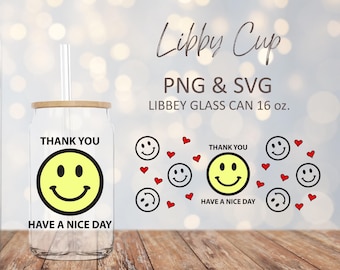 Happy Face - Wrap for 16oz Libbey Glass Cup Can Digital Download SVG PNG Cricut Silhouette Vinyl UV dtf print layered template