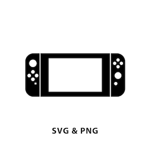 May include: Black and white silhouette of a handheld video game console with buttons on the sides.