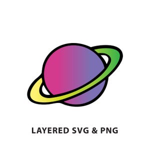 Puede incluir: Una ilustración colorida de un planeta con un anillo. El planeta es un degradado de rosa y morado, y el anillo es un degradado de verde y amarillo.