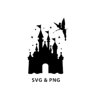 May include: Black silhouette of a fairytale castle with flags, stars, and a fairy with a wand. The text "SVG & PNG" is at the bottom. This image is suitable for digital art projects and crafts.