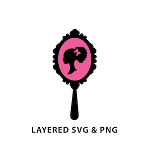 May include: Black silhouette of a woman's face with a bun in a pink oval frame with a black ornate border. The frame is attached to a black handle. The text "LAYERED SVG & PNG" is below the frame.