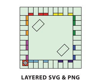 Op de afbeelding: Een groen spelbord met een rode, oranje, gele, groene, blauwe en paarse rand. Het bord heeft een witte achtergrond met twee witte ruitvormen in het midden. De tekst "LAYERED SVG & PNG" staat onder het bord.