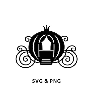 May include: Black and white silhouette of a carriage with a crown on top. The carriage has a rounded shape and ornate details. The text "SVG & PNG" is below the carriage.
