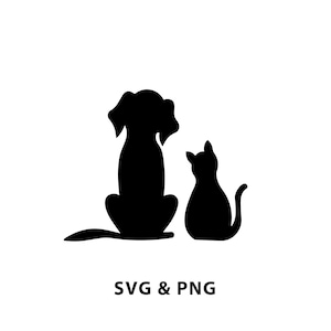 Op de afbeelding: Zwarte silhouet van een hond en een kat die naast elkaar zitten, met hun gezichten in dezelfde richting. De hond zit links en de kat rechts. De afbeelding is op een witte achtergrond.