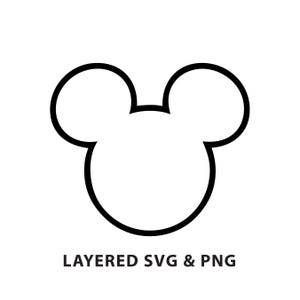 Pode incluir: Contorno preto e branco de uma cabeça do Mickey Mouse com orelhas grandes.