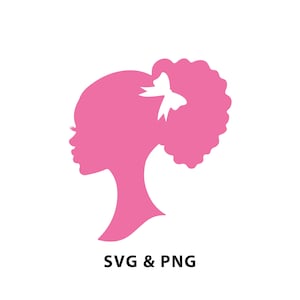Puede incluir: Silueta rosa de un perfil con un peinado rizado y un lazo blanco. La imagen incluye el texto "SVG & PNG" en negro, indicando un archivo de diseño digital.