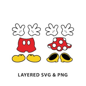 May include: Layered SVG and PNG files for creating a Mickey Mouse and Minnie Mouse character. The files include red shorts with black buttons, red polka dot skirt, yellow shoes, and white gloves.