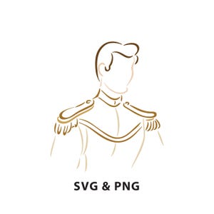 May include: Line drawing of a man in a military-style uniform with gold accents. The illustration features a high collar, epaulettes, and the text "SVG & PNG" at the bottom, all in a minimalist style against a white background.