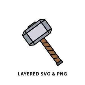 May include: A cartoon illustration of a hammer with a gray head and a brown handle. The handle is wrapped with a rope-like texture. The text "LAYERED SVG & PNG" is below the hammer.