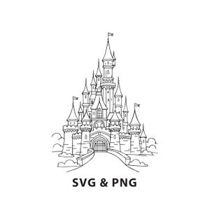 May include: A black and white line drawing of a fairytale castle with multiple towers and a drawbridge. The text "SVG & PNG" is below the castle.