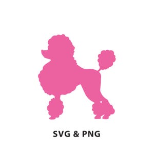 May include: Pink silhouette of a poodle dog with a curly tail. The silhouette is against a white background. The text "SVG & PNG" is below the silhouette.