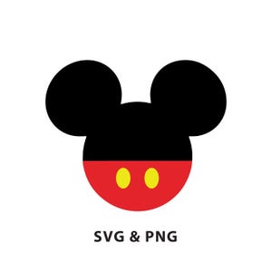 Op de afbeelding: Zwart-witte silhouet van Mickey Mouse hoofd met rode en gele oren. De tekst "SVG & PNG" staat onder de afbeelding.