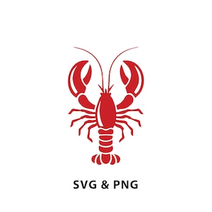 May include: Red lobster silhouette illustration with claws raised and tail curled.  SVG & PNG text is below the image.