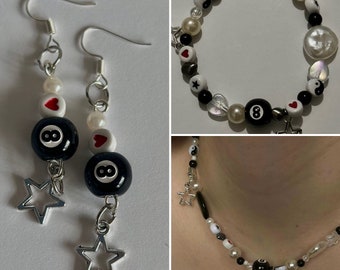 The Dahlia collection -Handmade beaded bracelet and necklace set with magic 8 ball beads, red hearts, pearls, stars. Chunky y2k