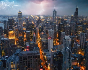 The City Lights Of The Chicago Skyline On A Stormy Evening With Lightning During A Thunderstorm - Framed Print, Various Sizes