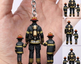 Firefighter Dad And Kids - Personalized Acrylic Keychain