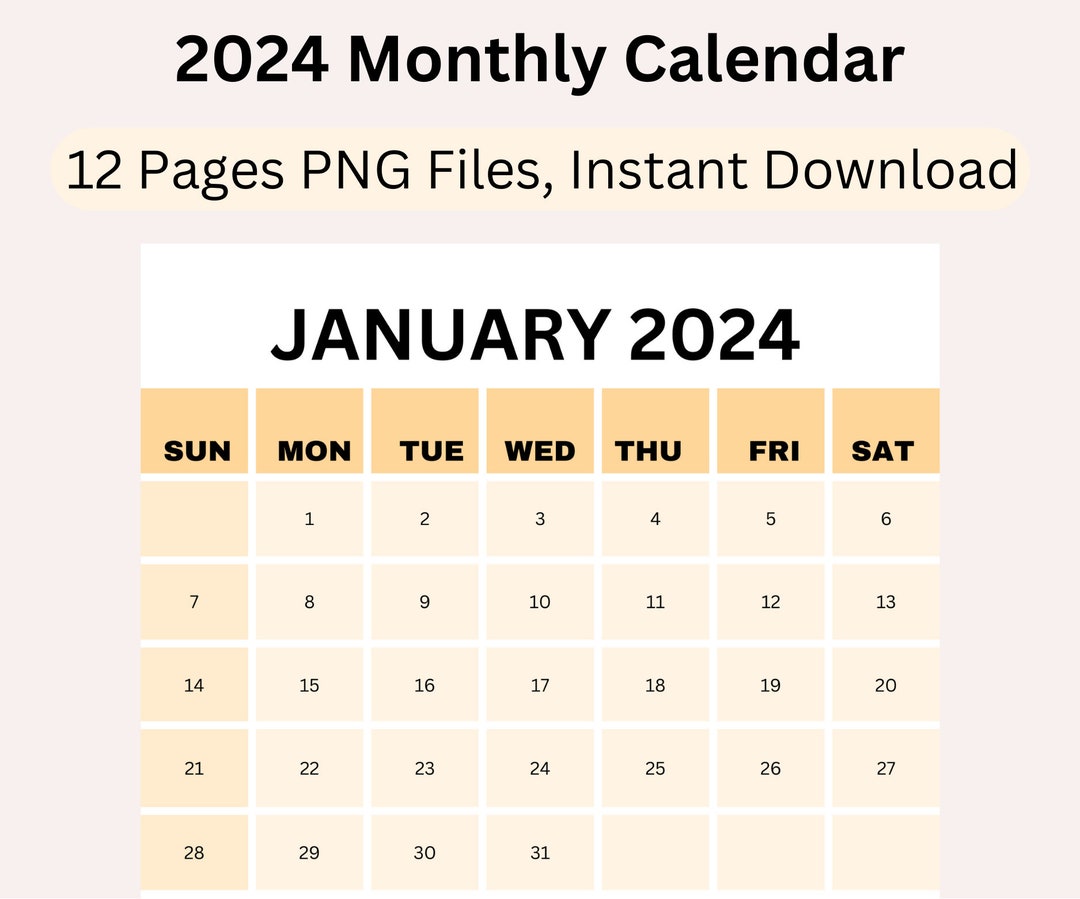 2024 Printable Monthly Calendar Templet Yearly Calendar Home Etsy