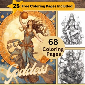 68 Göttinen Malseiten, Frauen Malbuch, Graustufen Färbung, Färbung für Kinder und Erwachsene, zum sofortigen Download, Götter ausdrucken