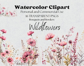 16 aquarel gedroogde roze Wildflower clipart, transparante achtergrond PNGS, Wildflower bloemen clipart bundel, Wildflower boeket clipart