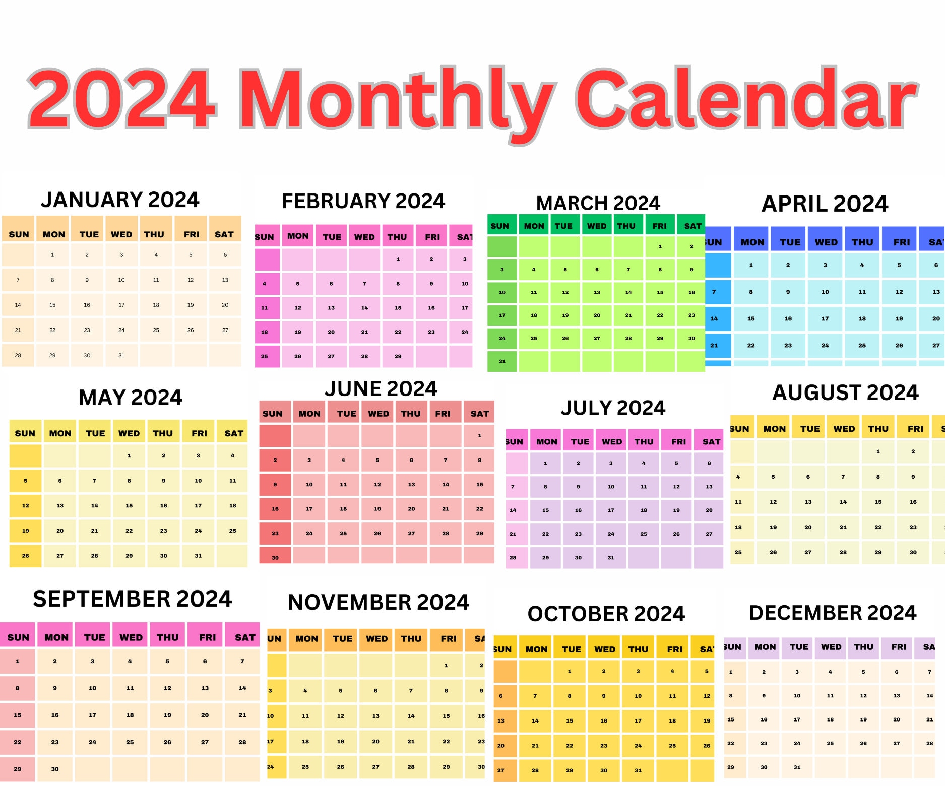 2024 Printable Monthly Calendar Templet Yearly Calendar Home Etsy