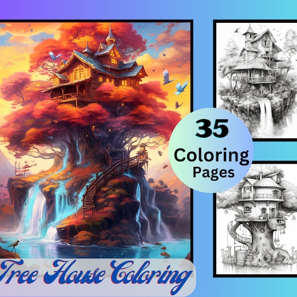 35 Tree House Coloring, Grayscale Coloring Pages, Coloring Sheets, Coloring Book for Adults, Coloring Pages for Kids, Fairy Wood House, PDF