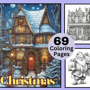69 Christmas Coloring Book, Xmas Coloring Pages, Grayscale Coloring Book, Instant Download, Santa Claus, Christmas Trees, Jingle bell, Deer