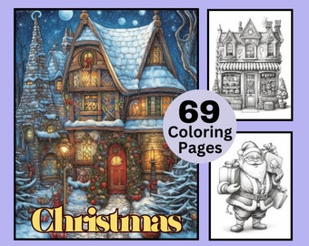69 kerstkleurboek, kerstmis kleurplaten, grijswaarden kleurboek, instant download, kerstman, kerstbomen, jingle bell, hert