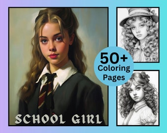 50+ School Girl coloring, Student Coloring Pages, Instant Download, Coloring for kids and Adults, Grayscale Coloring Pages, Coloring Bundle