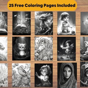 Op de afbeelding: Een verzameling van 25 zwart-wit kleurplaten met fantasiefiguren, kinderen en natuurtaferelen. De pagina's bevatten afbeeldingen van een draak, een eenhoorn, een fee en een vogel. De tekst "25 Free Coloring Pages Included" staat bovenaan.