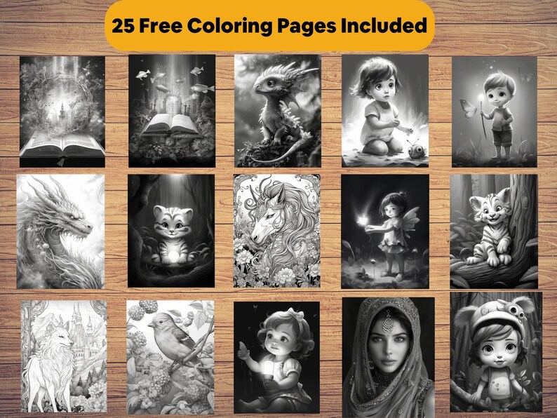 Op de afbeelding: Een verzameling van 25 zwart-wit kleurplaten met fantasiefiguren, kinderen en natuurtaferelen. De pagina's bevatten afbeeldingen van een draak, een eenhoorn, een fee en een vogel. De tekst "25 Free Coloring Pages Included" staat bovenaan.