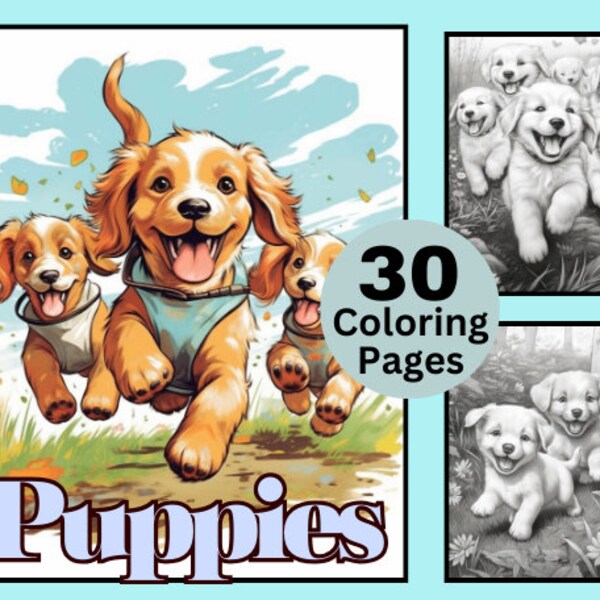 30 puppy's kleurplaten, schattige hond kleurboek, puppy, grijswaarden kleuren dierenkleuren voor volwassenen en kinderen, direct downloaden, huisdieren