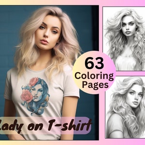 63 Ladies on T-shirt Coloring Pages, Women Coloring Book, Coloring Bundle, Grayscale Coloring, Coloring for Kids and Adult, Instant Download