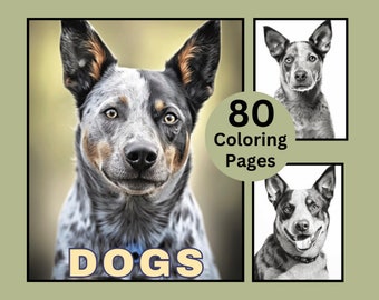 80 honden kleurplaten, huisdieren kleurboek, grijswaarden kleuren, kleuren voor kinderen en volwassenen, dieren kleurboek, Instant Download, PDF
