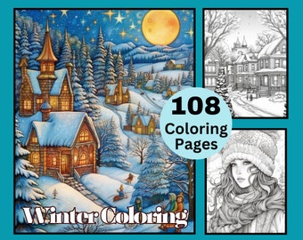 108 Winter Coloring Pages, Winter Coloring Book, Coloring Bundle, Grayscale Coloring, Snow Coloring for Kids and Adult, PDF Instant Download