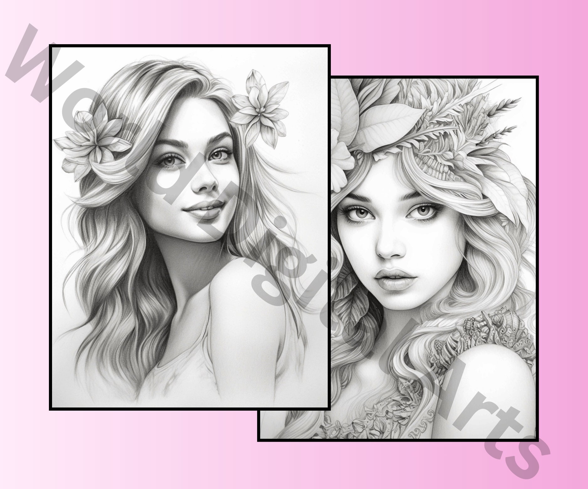 55 Flower Hair Coloring Pages, Printable Coloring Book, Coloring Bundle ...